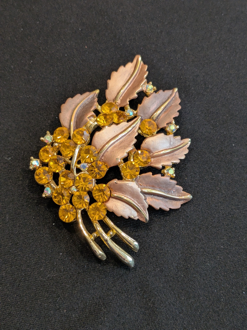 Vintage 1960s Gold-Tone Yellow Crystal Leaf Brooch - Women's Jewelry